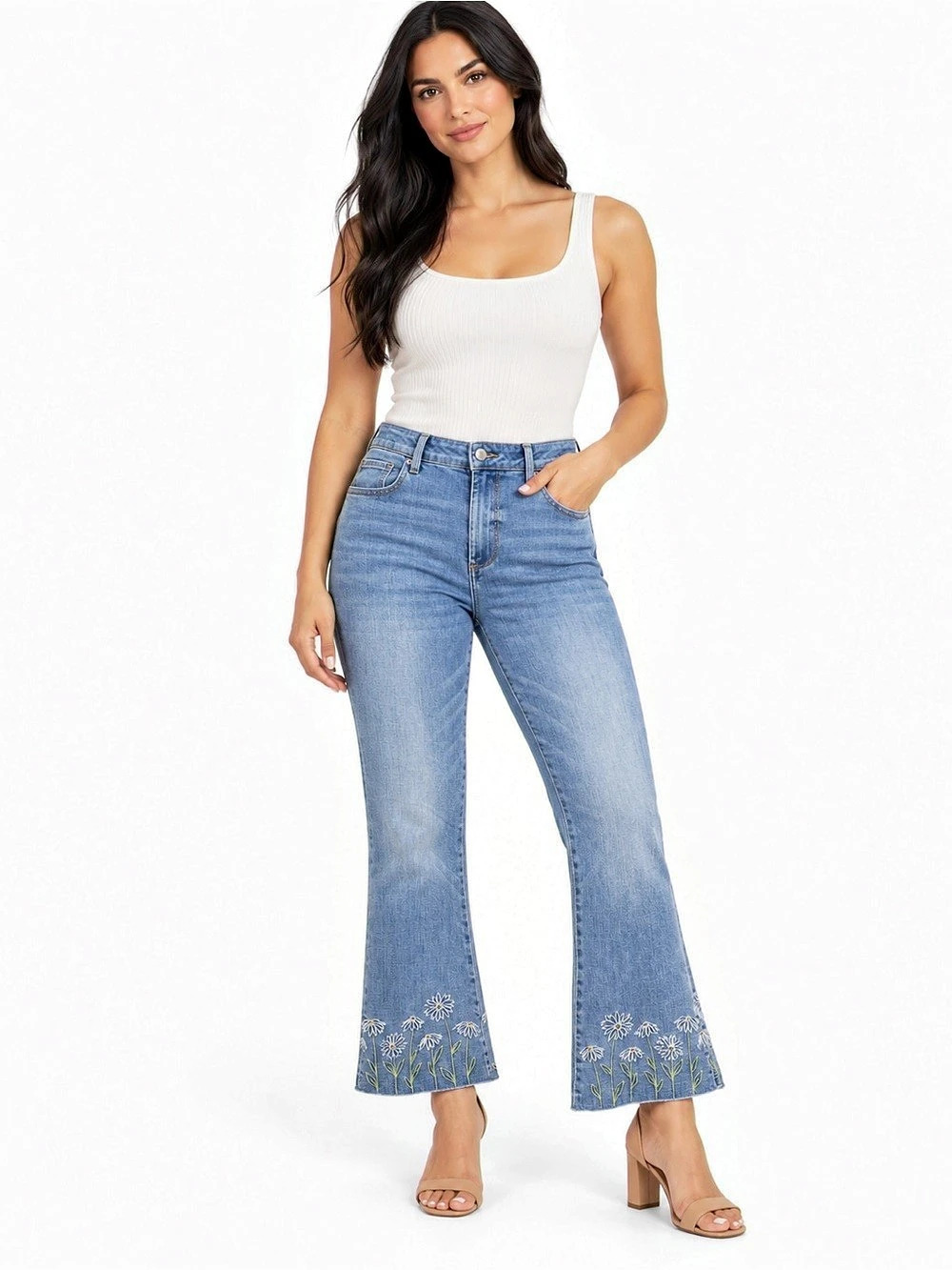 DRIFTWOOD Romy Flare Floral Embroidered Hem Jeans Women Size 12